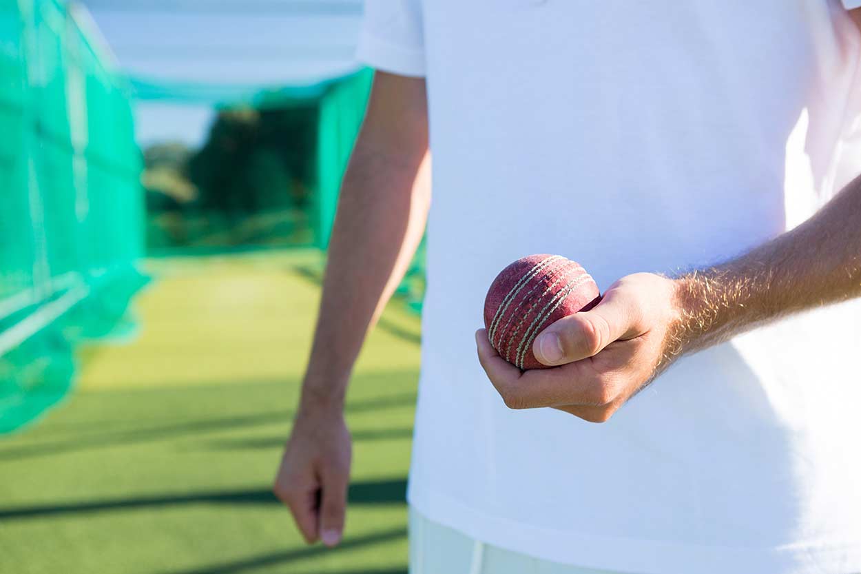 a cricketer holding a cricket ball